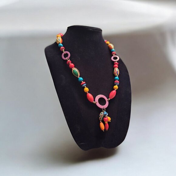 Chunky Wooden Bead Necklace Bright Colorful Geometric Patterns Hook‎ Clasp 90s - Picture 7 of 7